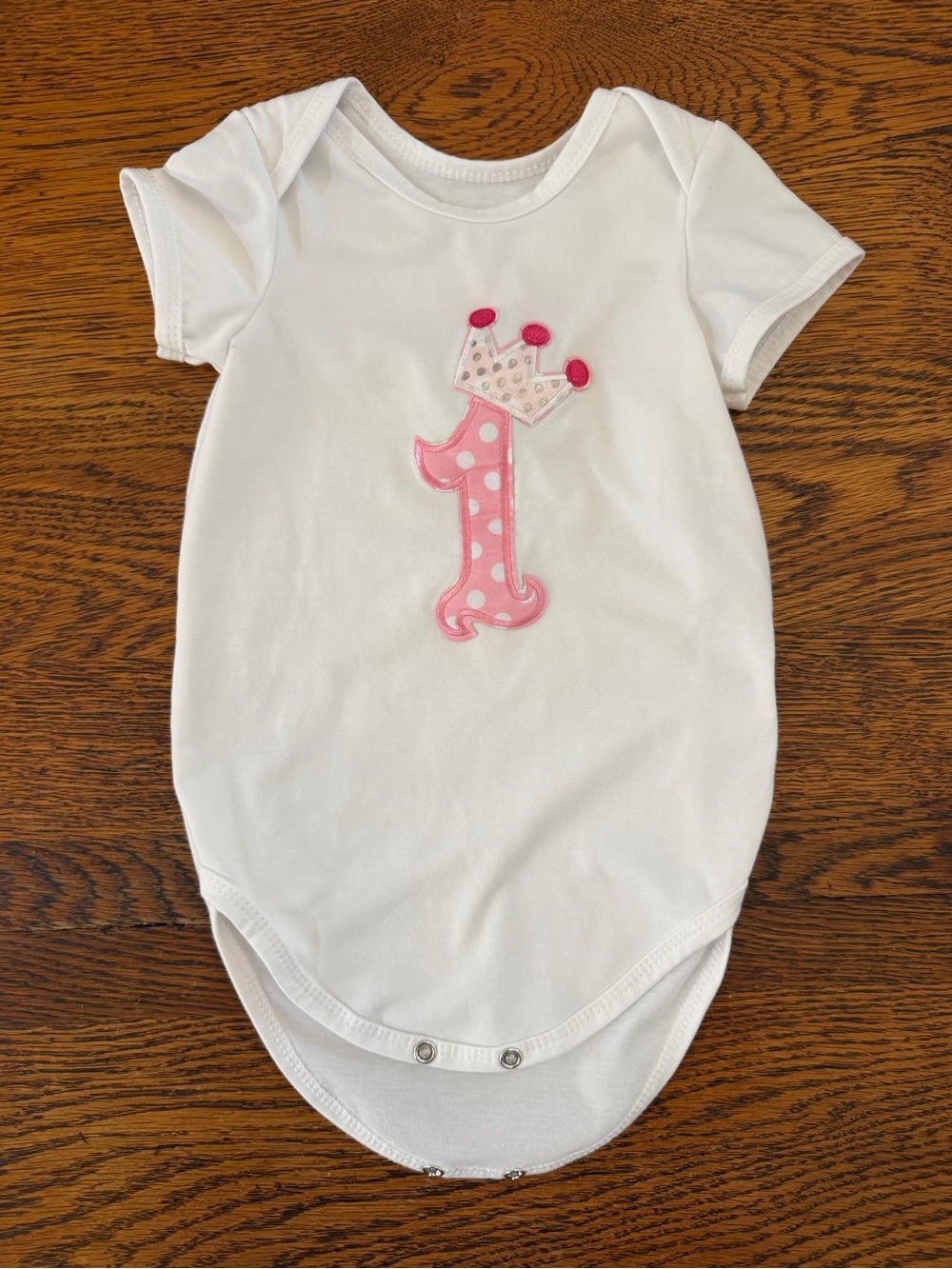 White Baby One-Piece Bodysuit with Pink Polka Dot '1' Applique